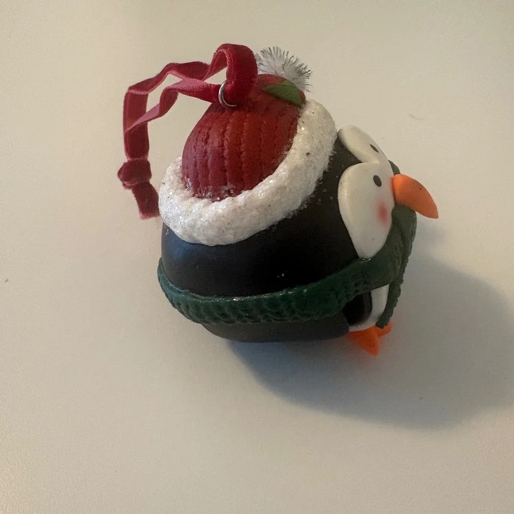 Penguin Jingle Bell Christmas Ornament Santa Hat Green Scarf Red Velvet Ribbon